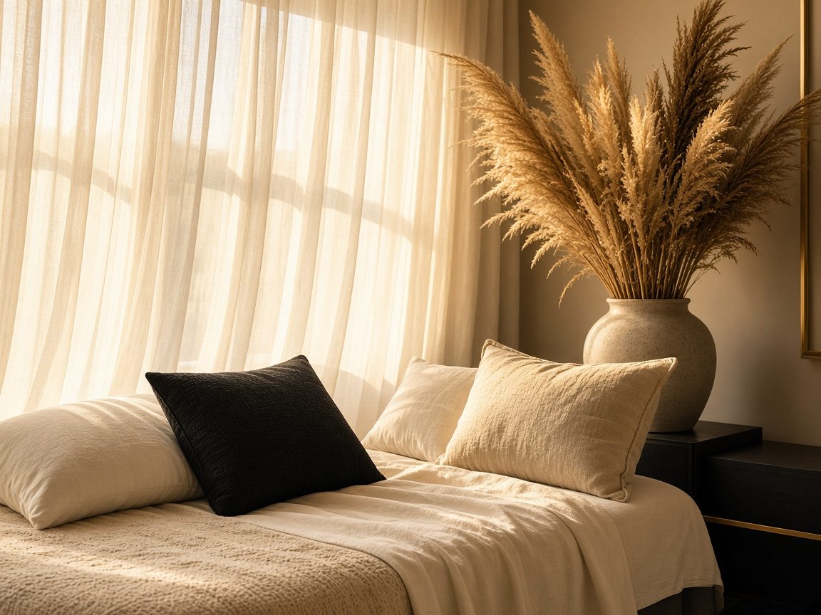 Soft golden light through sheer curtains in a spa lounge