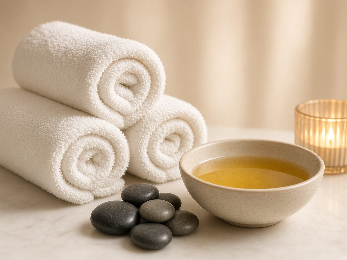 Rolled towels, massage oil and smooth stones