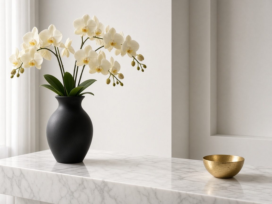 Cream orchids and gold accents on a marble ledge
