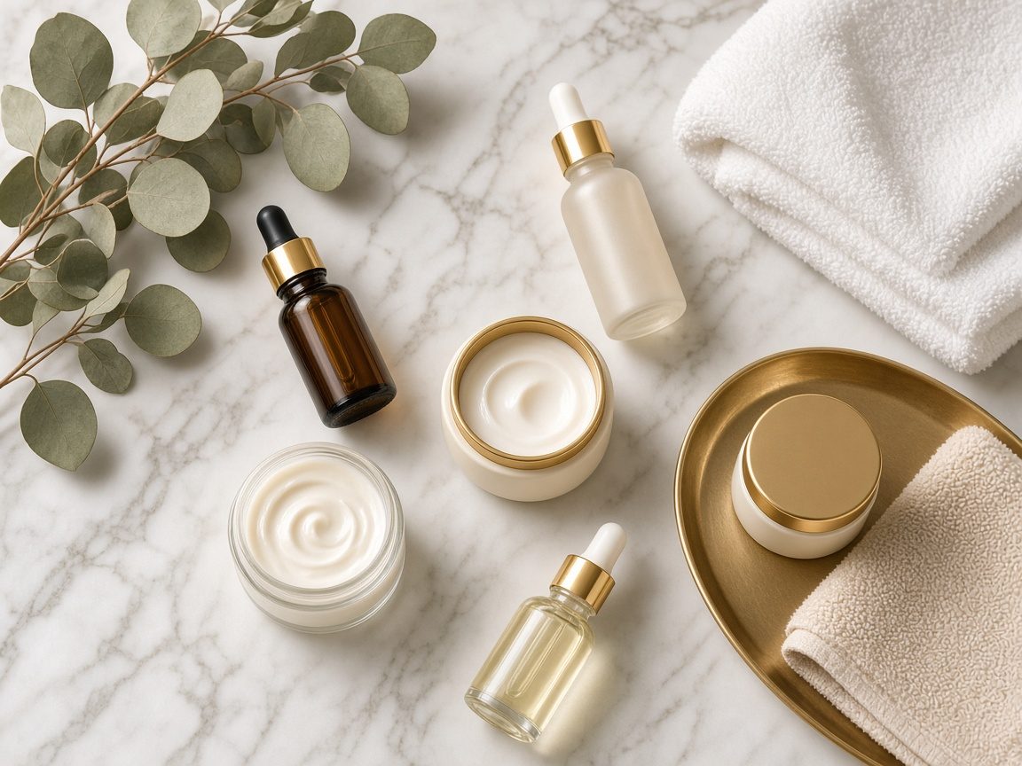 Skincare oils and creams arranged on marble