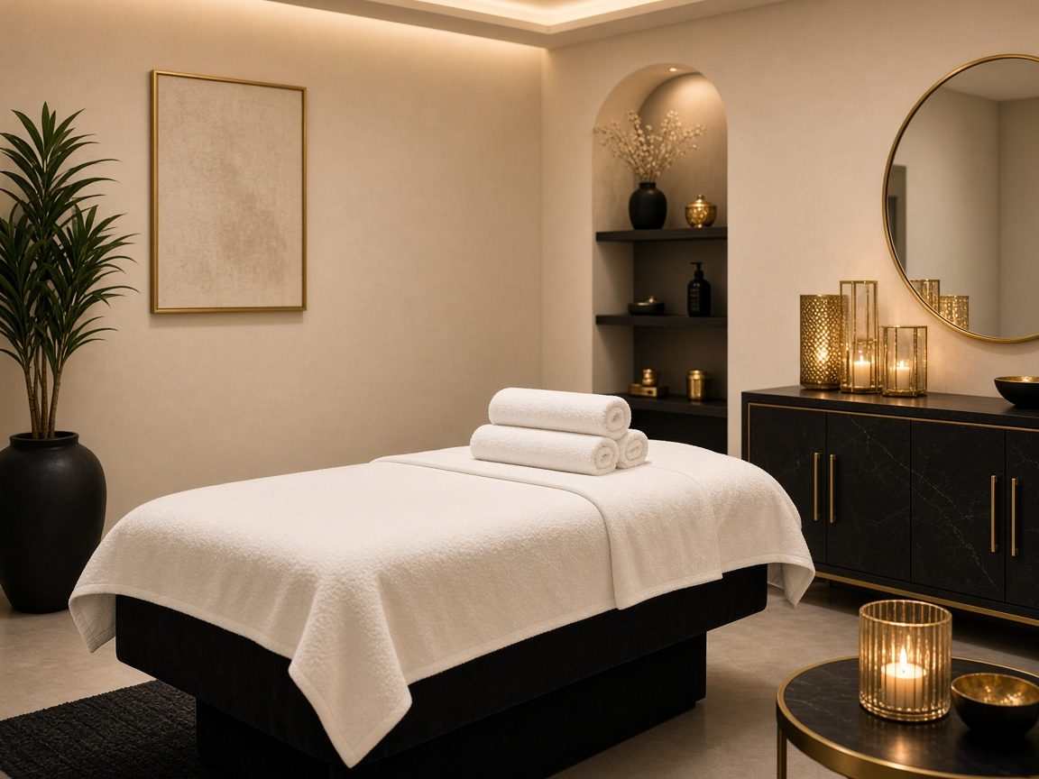 Quiet treatment room with soft lighting and rolled towels